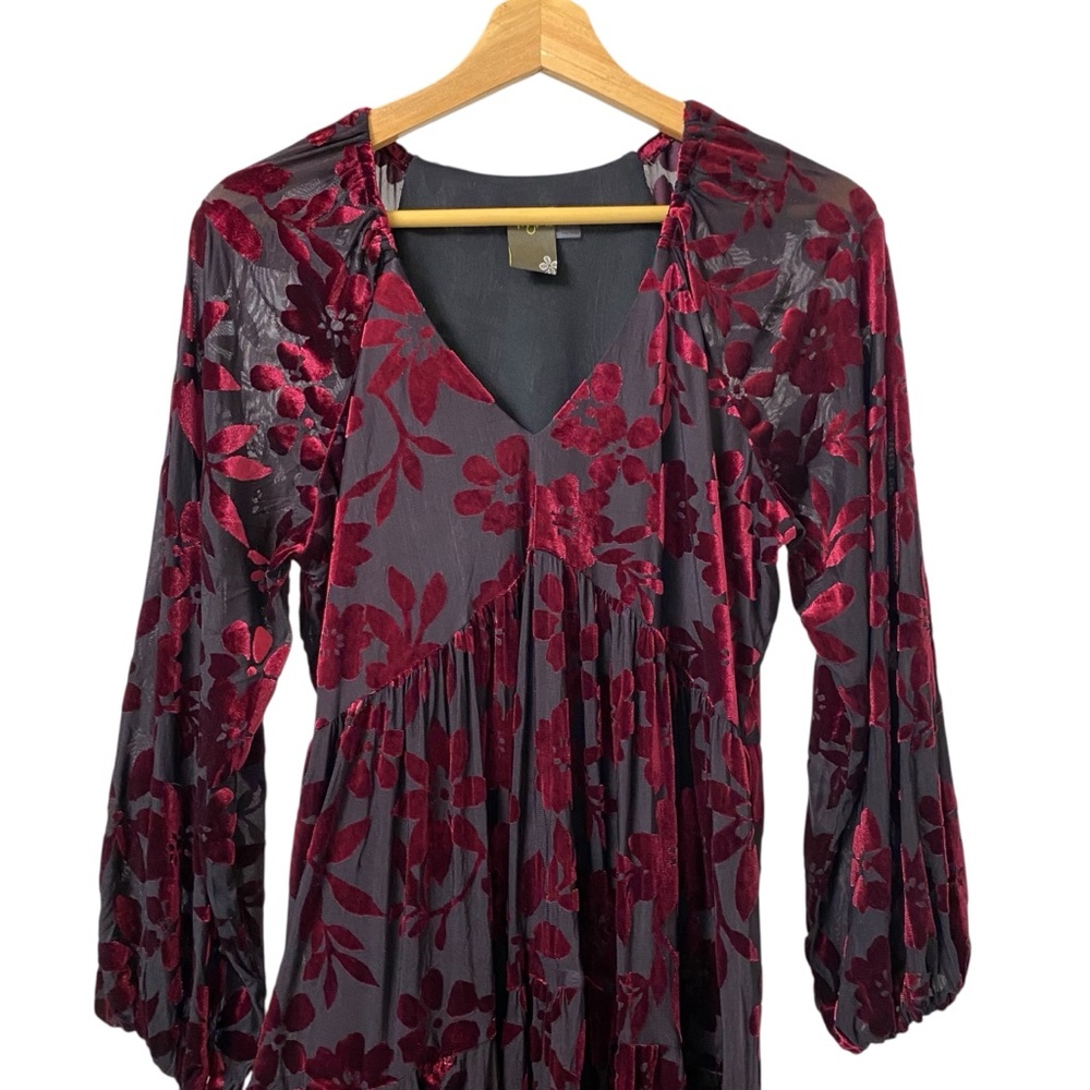 Taylor flocky velvet burnout dark floral bishop sleeve v neck whimsigoth dress 8 - Picture 2 of 12